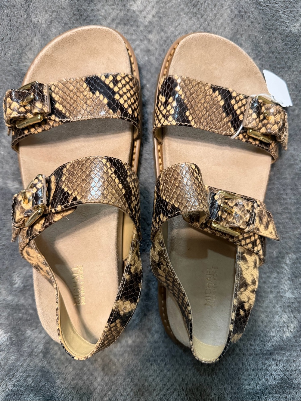 BRAND NEW Michael kors Snake Print Buckle Sandals in Brown and Tan